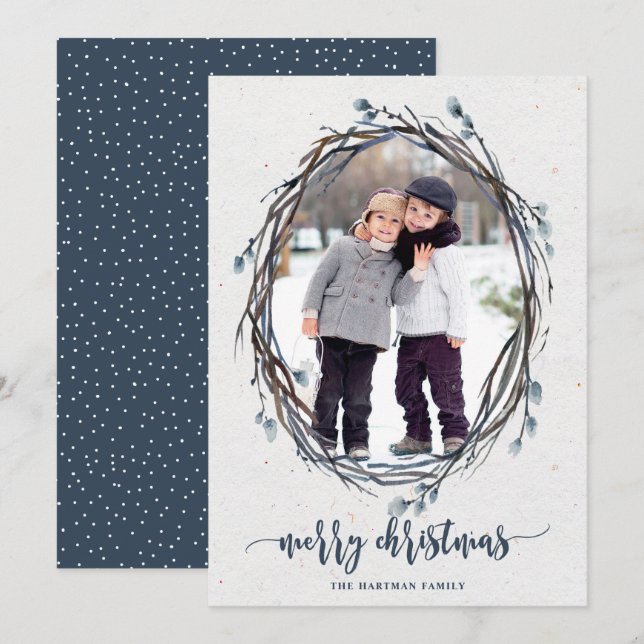 Tarjeta Festiva Rustic Wreath Merry Christmas Photo Navy (Anverso / Reverso)