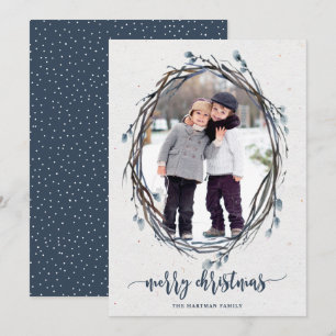 Tarjeta Festiva Rustic Wreath Merry Christmas Photo Navy