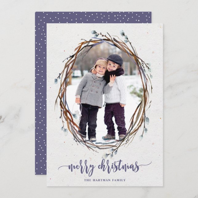 Tarjeta Festiva Rustic Wreath Merry Christmas Photo Purple (Anverso / Reverso)
