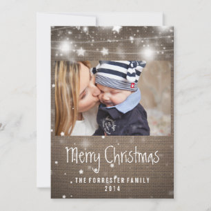Tarjeta Festiva Rústica Burlap GIGHT Stars Falso Christmas Photo