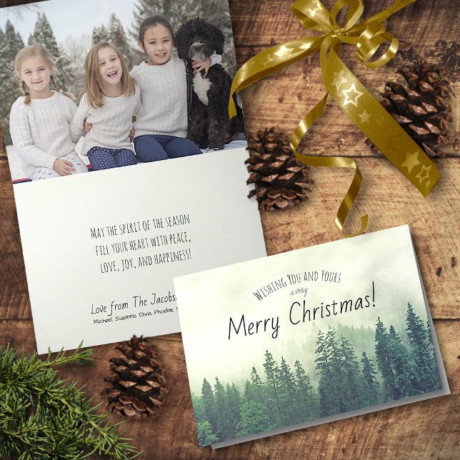 Tarjeta Festiva Rústica Foggy Mountain Pines Ferry Christmas Photo (In Situ Front/Inside)