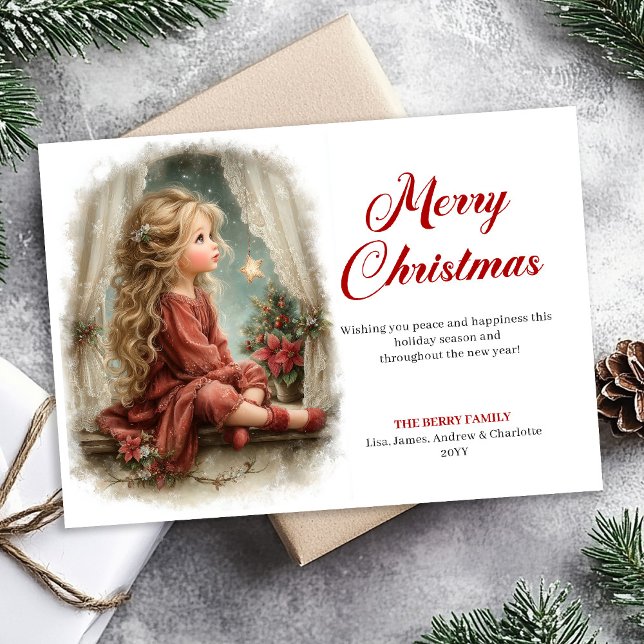Tarjeta Festiva Rusticmode Little Girl Awaits Santa Digital   (Bring the magic of Christmas Eve to your holiday greetings with this vintage watercolor card featuri)