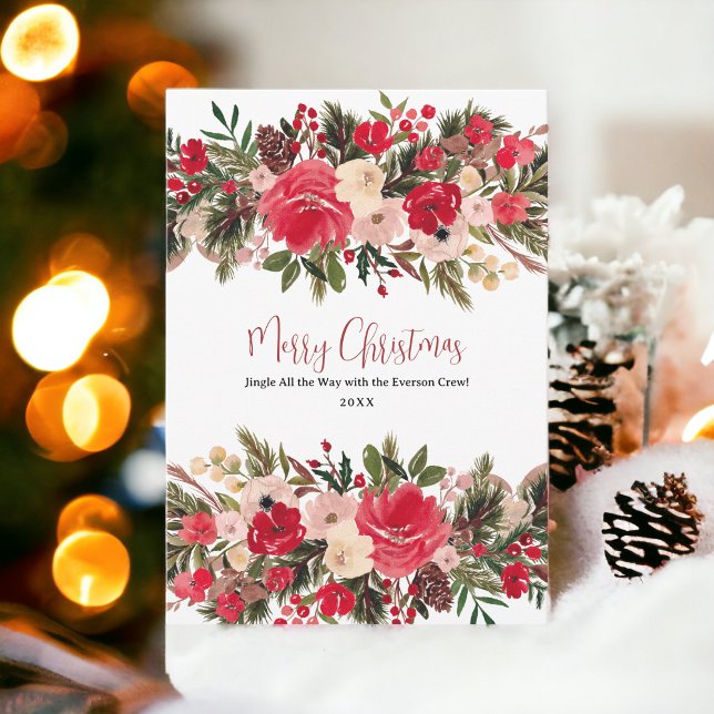 Tarjeta Festiva Rústico alegre acuarela floral navideña (Rustic merry Christmas floral watercolor Holiday Card)