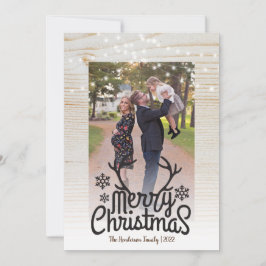 Tarjeta Festiva Rústico Antlers String Light Photo Merry Christmas