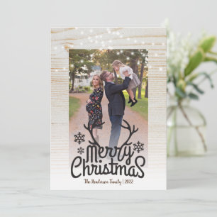 Tarjeta Festiva Rústico Antlers String Light Photo Merry Christmas