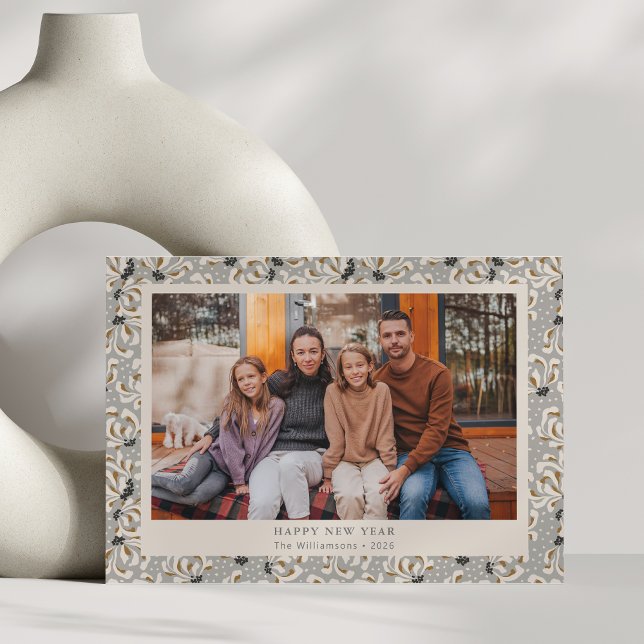 Tarjeta Festiva Rústico Boho Gris Elegante Foto Botánica Año Nuevo (Subido por el creador)