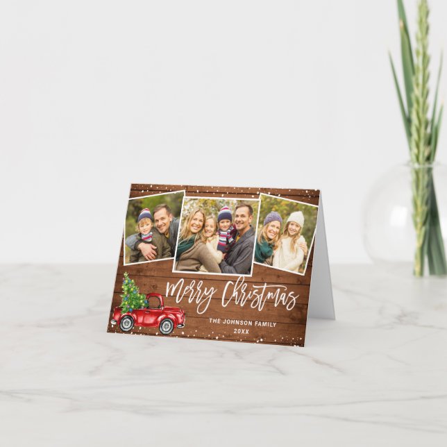 Tarjeta Festiva Rústico camionero rojo retro 3 Navidades de FOTO s (Anverso)