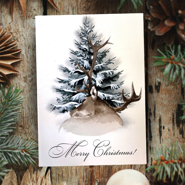 Tarjeta Festiva Rústico ciervo y Personalizado Evergreen Feliz Nav (Rustic Deer And Evergreen Custom Merry Christmas Holiday Card)
