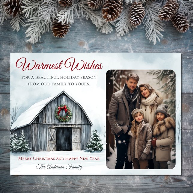Tarjeta Festiva Rústico granero Warmest Wire Navidades de granjas  (Rustic Barn Warmest Wishes Farm Christmas Photo Holiday Card)