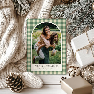 Tarjeta Festiva Rústico Green Gingham Arch Foto Navidades modernos