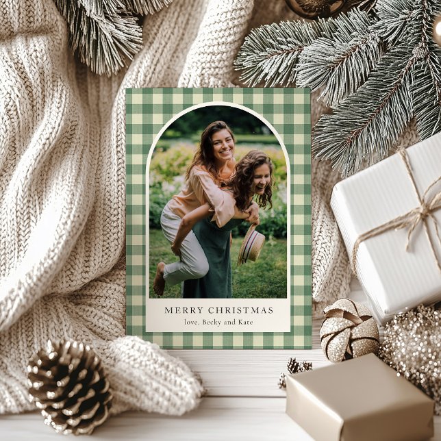 Tarjeta Festiva Rústico Green Gingham Arch Foto Navidades modernos (Subido por el creador)