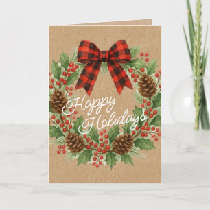 Tarjeta Festiva Rústico Holly Wreath Red Black Checkup Bow