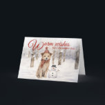 Tarjeta Festiva Rústico invierno de Snowman Dog Woodland<br><div class="desc">Esta deliciosa tarjeta de vacaciones cuenta con un adorable cachorro escrupuloso vestido con un gorra rojo de invierno y una bufanda, parado al lado de un pequeño muñeco de nieve en un tranquilo bosque cubierto de nieve. Con las suaves texturas de acuarela y un espíritu lúdico, es la manera perfecta...</div>