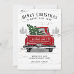 Tarjeta Festiva Rústico Merry Christmas Tree Vintage Red Truck Nom<br><div class="desc">Envíe sus cálidos deseos esta temporada navideña con una de nuestras personalizados tarjetas planas rústicas. Esta casa de campo presenta un diseño inspirado en un camión rojo vintage con un árbol de Navidad en la parte trasera sobre un fondo de pinos y madera blanca y gris. La tarjeta dice "Feliz...</div>