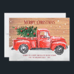 Tarjeta Festiva Rústico Merry Christmas Tree Vintage Red Truck Nom<br><div class="desc">Esta rústica tarjeta de Navidades de camiones rojos de época cuenta con un camión rojo rústico con árbol de Navidad y nieve sobre un fondo de madera. Personalice con su personalizado saludos y nombres.</div>