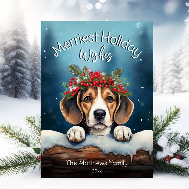 Tarjeta Festiva Rústico Navidades rimas de Snowy desean Perro Beag (Adorable Winter Snowy Scene With Peeking Dogs or Farm/Woodland Animals - Over 50 to Choose From!)