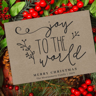 Tarjeta Festiva Rustico País Kraft Alegría al Mundo Manuscrito 