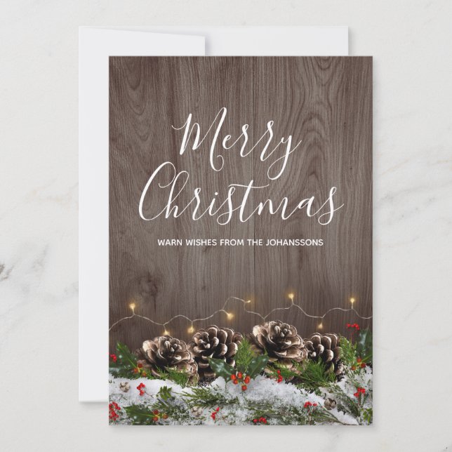 Tarjeta Festiva Rústico País Maderero Pina Luces Y Navidades De Ni (Anverso)