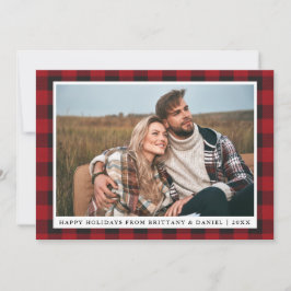 Tarjeta Festiva Rústico Red Plaid Happy Holidays Couple Photo