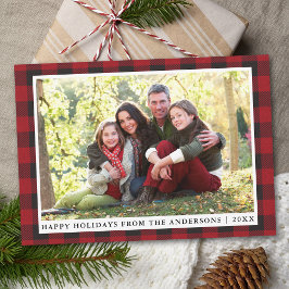 Tarjeta Festiva Rústico Red Plaid Happy Holidays Family Photo