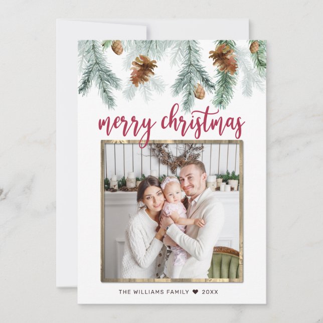 Tarjeta Festiva Rústico Rojo Merry Christmas Pine Cones Foto (Anverso)