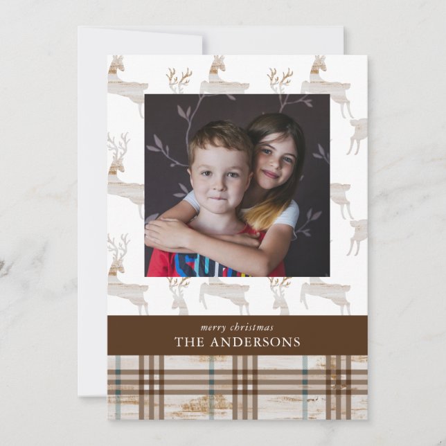 Tarjeta Festiva Rústico venado de madera (Anverso)