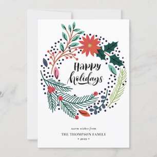 Tarjeta Festiva Rústico Verde Rojo Poinsettia Floral Wreath Simple