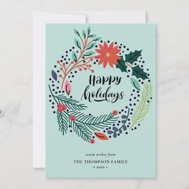 Tarjeta Festiva Rústico Verde Rojo Poinsettia Floral Wreath Simple (Anverso)