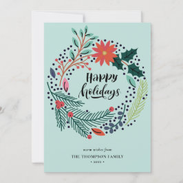 Tarjeta Festiva Rústico Verde Rojo Poinsettia Floral Wreath Simple