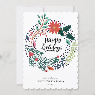 Tarjeta Festiva Rústico Verde Rojo Poinsettia Floral Wreath Simple