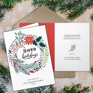 Tarjeta Festiva Rústico Verde Rojo Poinsettia Floral Wreath Simple