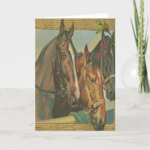 Tarjeta Festiva Rústico Vintage Christmas Horses Holly Berries