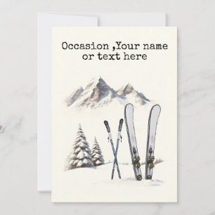 Tarjeta Festiva Rústico Watercolor Ski Snow Tree Mountain Winter