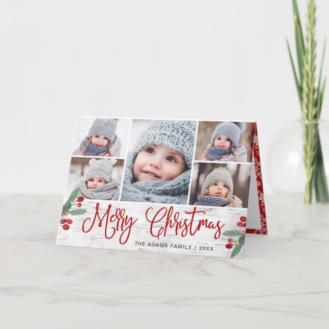 Tarjeta Festiva Rústicos Navidades Birch 5 Fotos Saludo (Anverso)