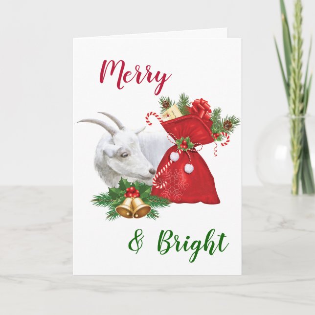 Tarjeta Festiva Saanen Goat Merry & Bright (Anverso)