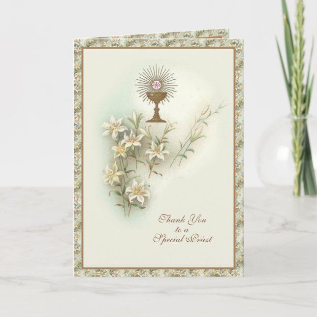 Tarjeta Festiva Sacerdote católico Primera Santa Comunión Gracias (Anverso)