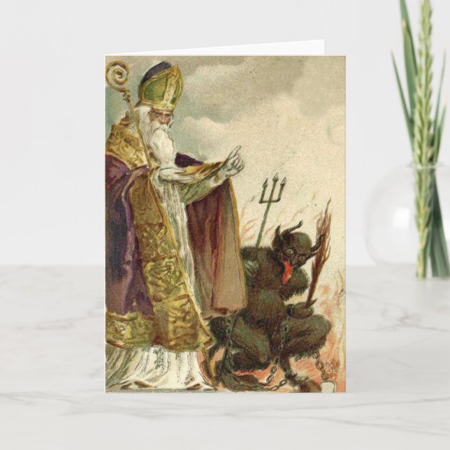 Tarjeta Festiva Sacerdote de St Nicholas Krampus Pitchfork (Anverso)