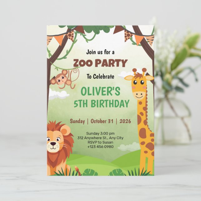 Tarjeta Festiva Safari Jungle Animal Birthday 5th Invitation Cards (Anverso de pie)