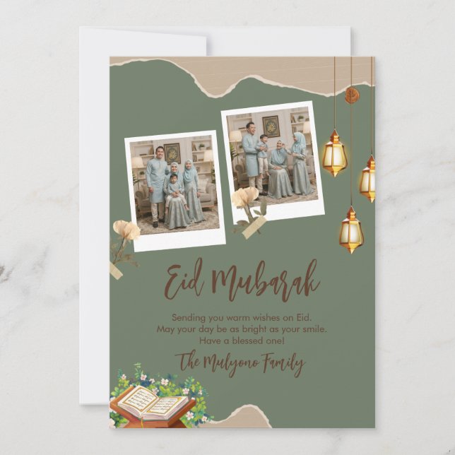 Tarjeta Festiva Sage Green Aesthetic Eid Mubarak Card with Photo (Anverso)