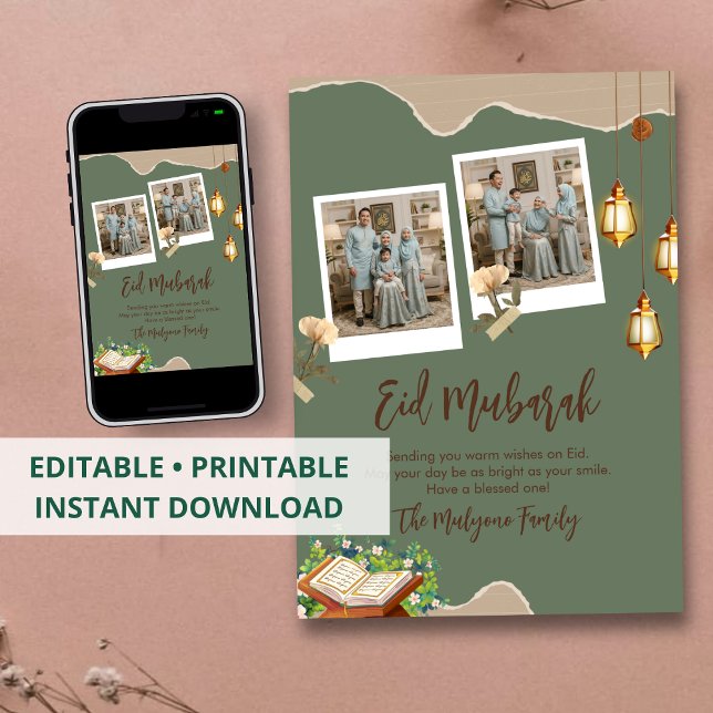 Tarjeta Festiva Sage Green Aesthetic Eid Mubarak Card with Photo (Subido por el creador)