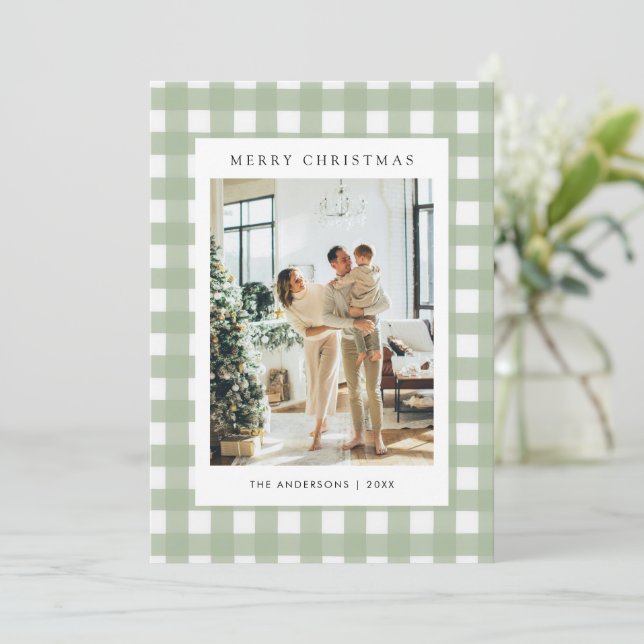 Tarjeta Festiva Sage Green Gingham Plaid 5 Photo Christmas (Anverso de pie)