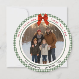 Tarjeta Festiva Sage Green Gingham Plaid Circle Photo Christmas