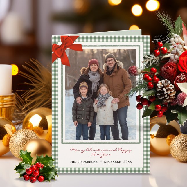 Tarjeta Festiva Sage Green Gingham Plaid Photo Christmas (Sage Green gingham photo Christmas holiday greeting card with corner bow)