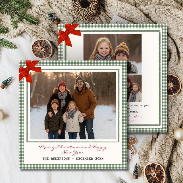 Tarjeta Festiva Sage Green Gingham Plaid Square Photo Christmas (Sage Green Gingham Plaid Square Christmas Holiday card with Multi photo)