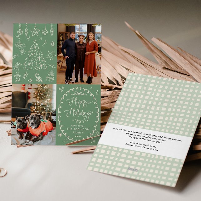 Tarjeta Festiva Sage Green Hand Drake Chalk Happy Holidays 2 Photo (Subido por el creador)