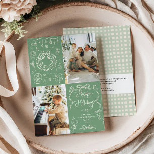 Tarjeta Festiva Sage Green Hand Drawows Happy Holidays 2 Photo