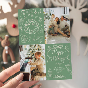 Tarjeta Festiva Sage Green Hand Drawows Happy Holidays 2 Photo