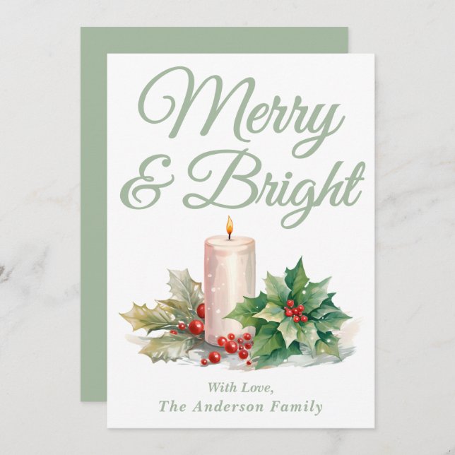 Tarjeta Festiva Sage Green Handwriter Script Merry & Bright (Anverso / Reverso)