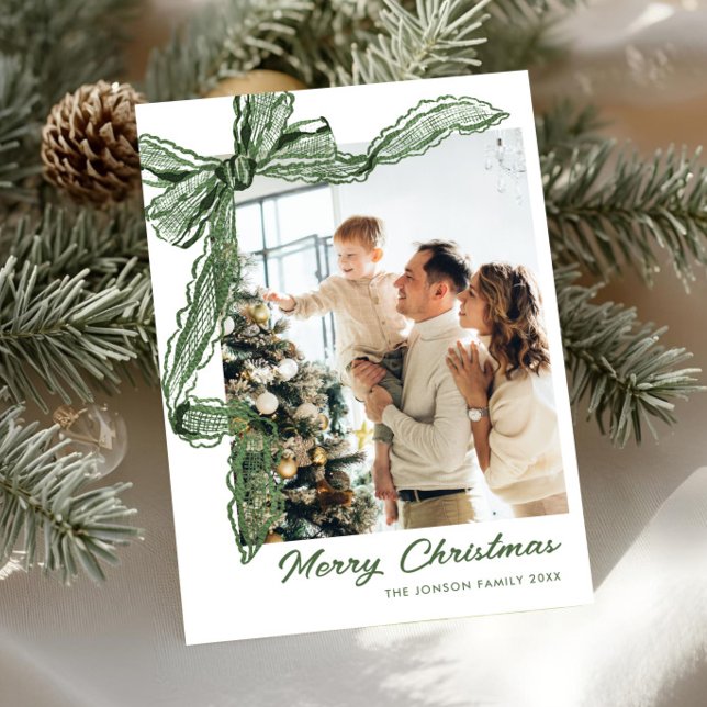 Tarjeta Festiva Sage Green Lace Christmas Bow Ribbon 2 Photo (Subido por el creador)