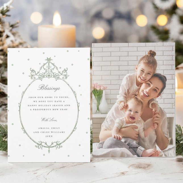 Tarjeta Festiva Sage Green Modern Classic Frame Photo (Front & Back)